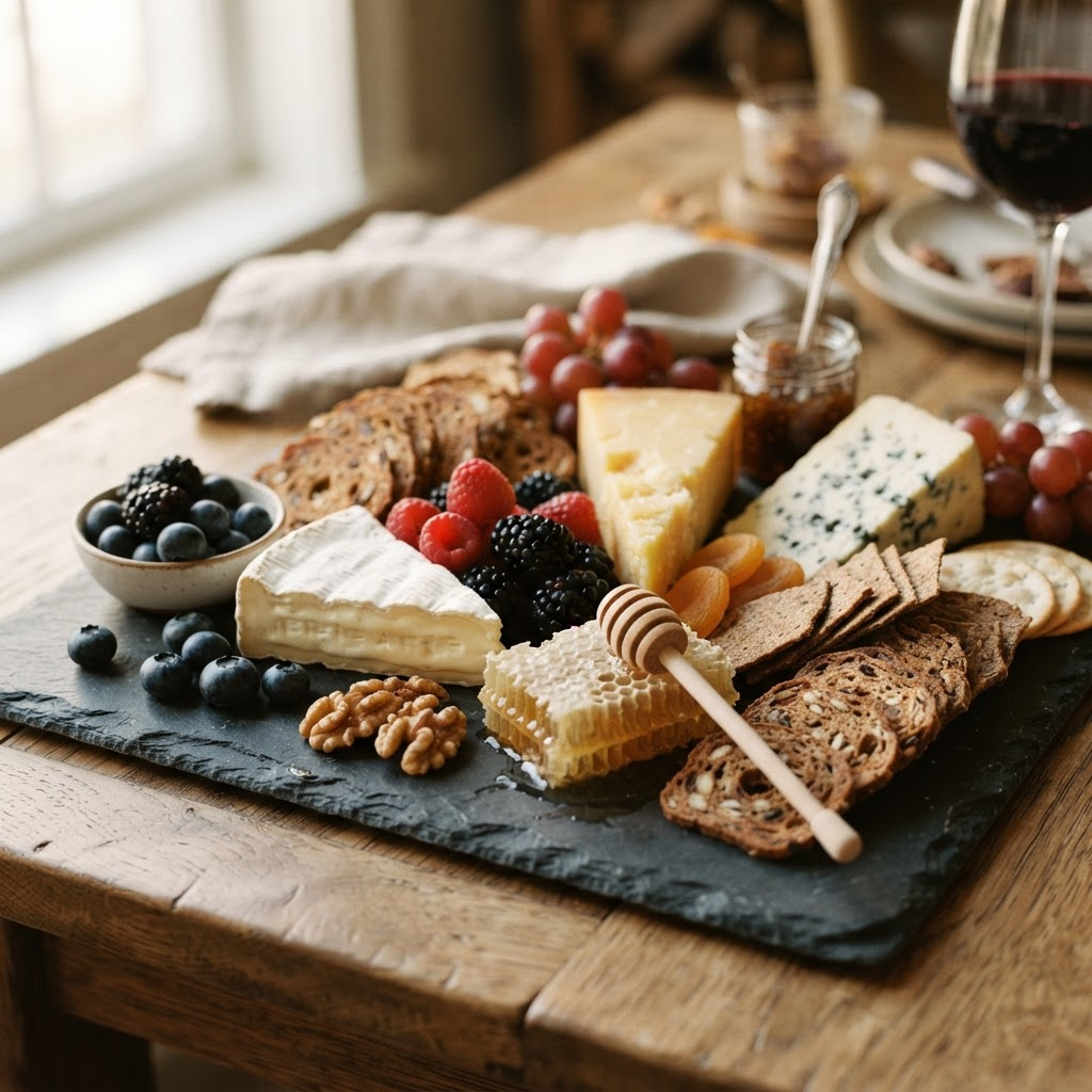 Close-up of a premium gourmet cheese and fruit platter with berries, honeycomb and walnuts